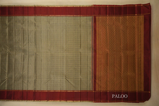 Grey with Maroon Borders zari checks Vintage Kanjivaram Silk Saree paloo