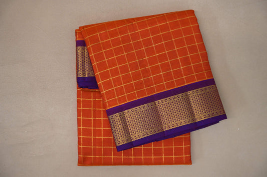 Bright orange with Royal Purple borders Ten Yards Silk Saree by Shreenivas Silks PSSR019556