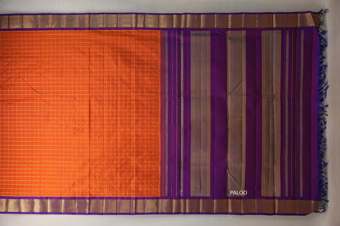 Bright orange with Royal Purple borders Ten Yards Silk Saree by Shreenivas Silks PSSR019556