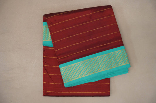 Reddish maroon with Bright sea green borders Ten Yards Silk Saree by Shreenivas Silks PSSR019557