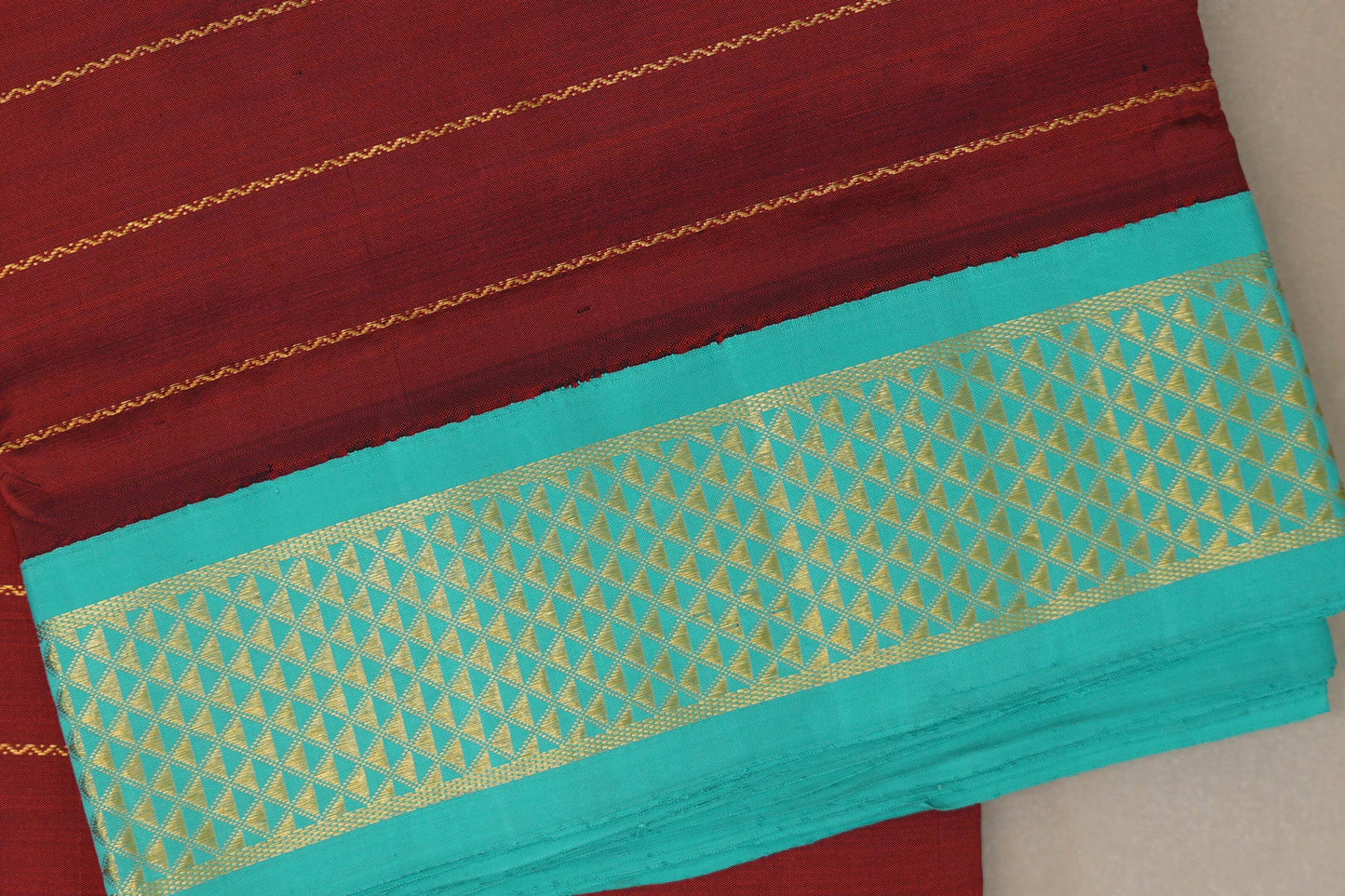 Reddish maroon with Bright sea green borders Ten Yards Silk Saree by Shreenivas Silks PSSR019557