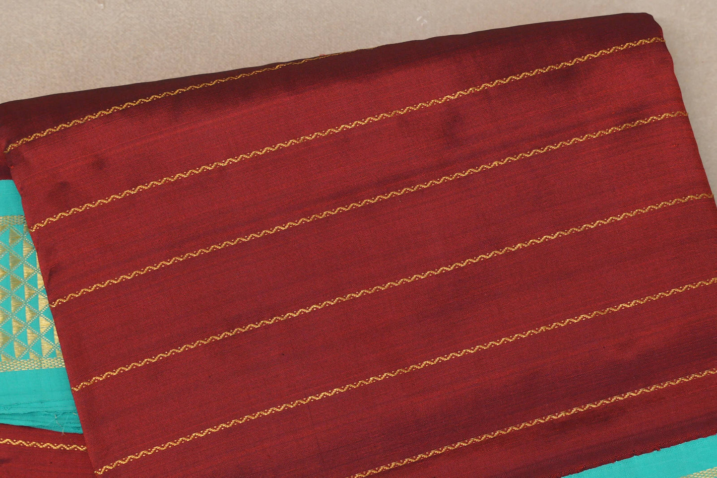Reddish maroon with Bright sea green borders Ten Yards Silk Saree by Shreenivas Silks PSSR019557