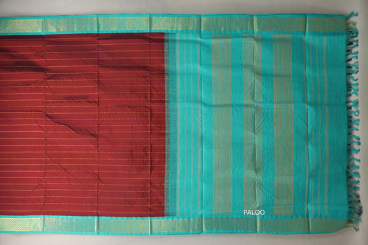 Reddish maroon with Bright sea green borders Ten Yards Silk Saree by Shreenivas Silks PSSR019557