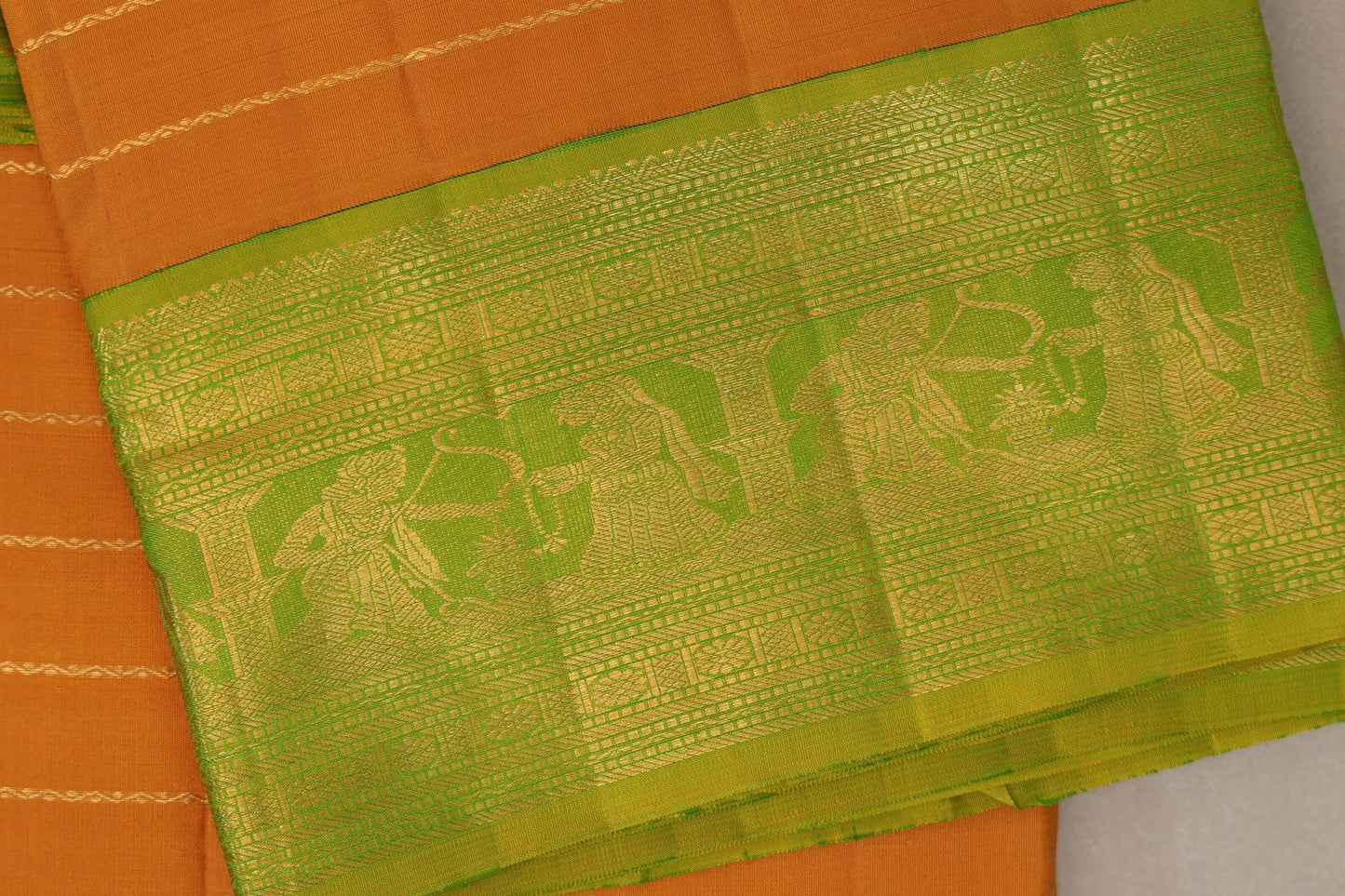 Mango yellow with Bright leaf green borders Ten Yards Silk Saree by Shreenivas Silks PSSR019558