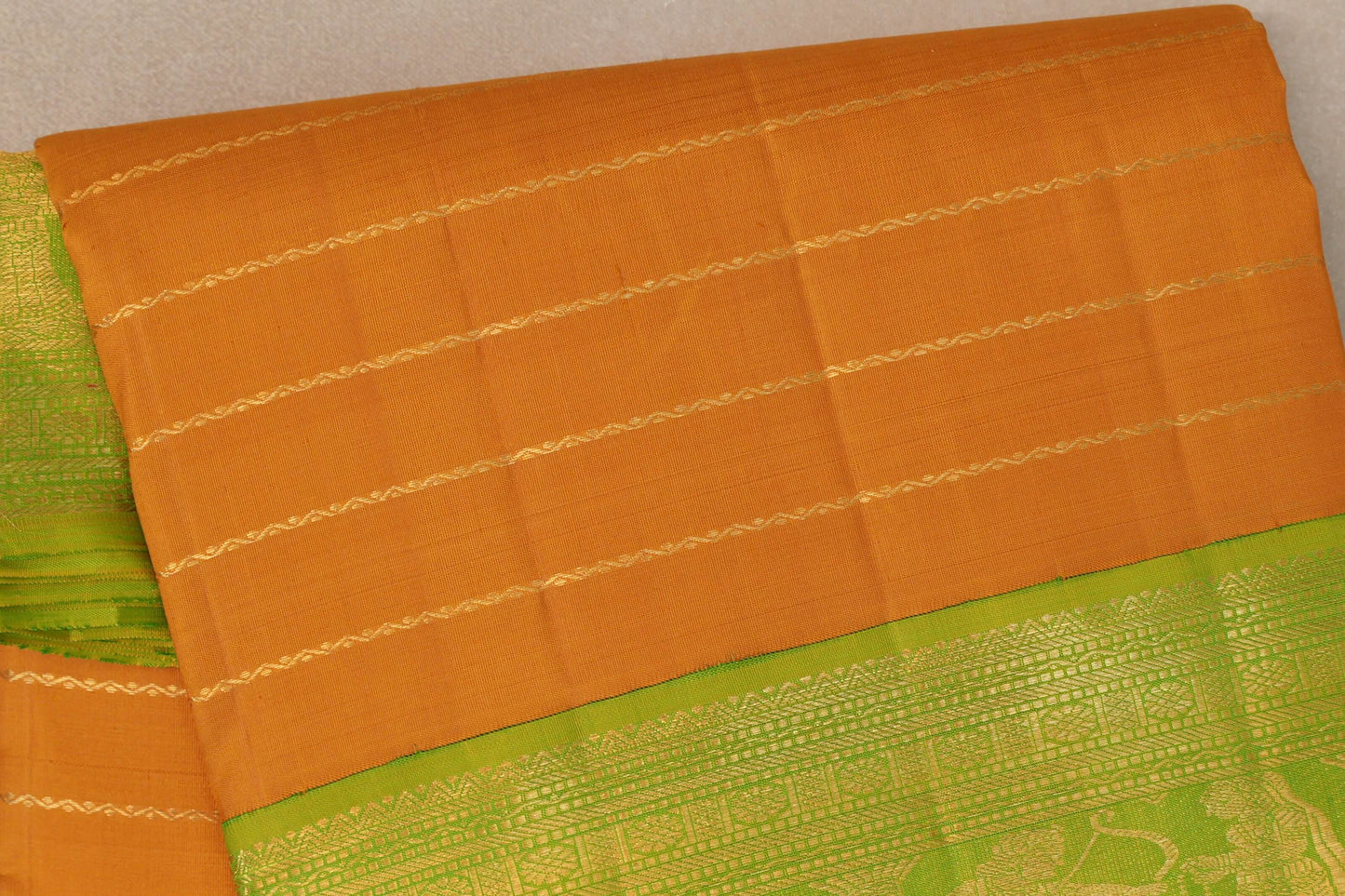 Mango yellow with Bright leaf green borders Ten Yards Silk Saree by Shreenivas Silks PSSR019558