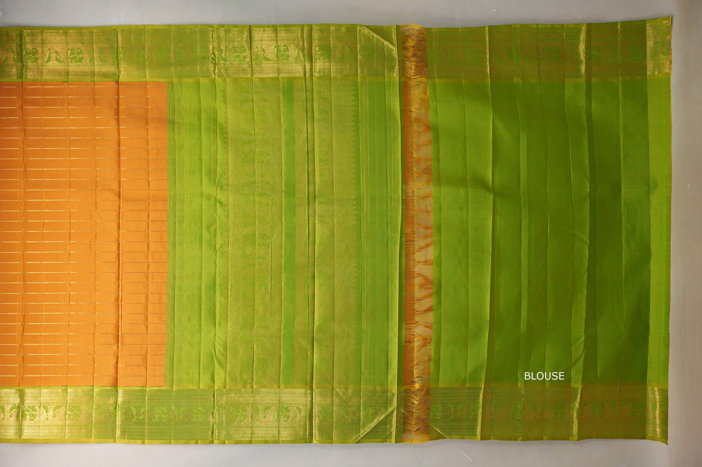 Mango yellow with Bright leaf green borders Ten Yards Silk Saree by Shreenivas Silks PSSR019558