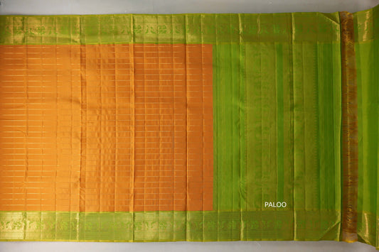 Mango yellow with Bright leaf green borders Ten Yards Silk Saree by Shreenivas Silks PSSR019558