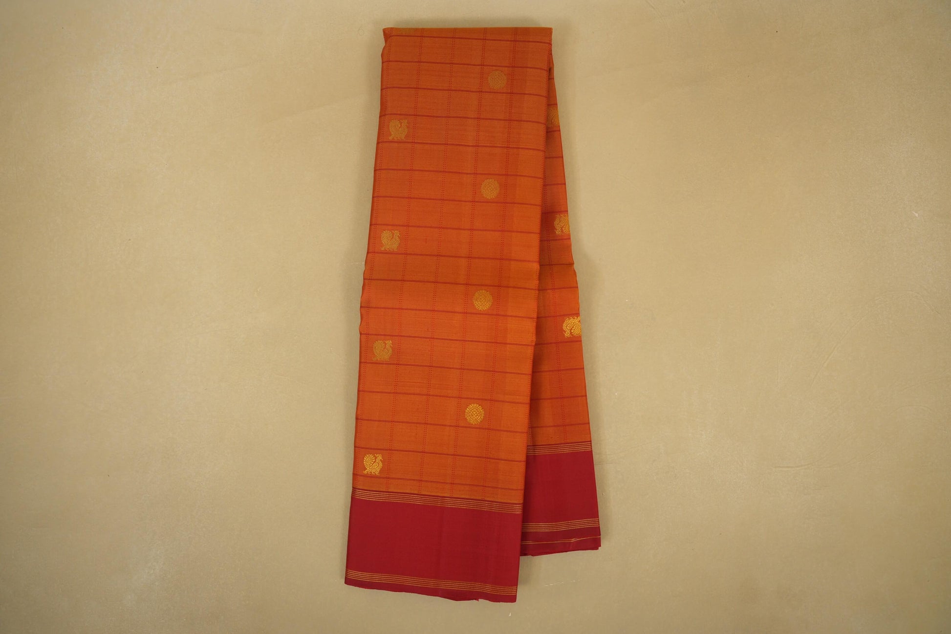 Reddish Orange with Red Borders Vintage Kanjivaram Silk Saree 
