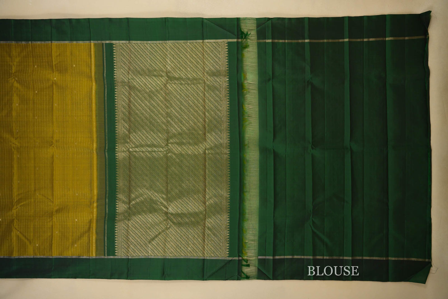 Olive Mustard with Bottle Green Borders Vintage Kanjivaram Silk Saree blouse