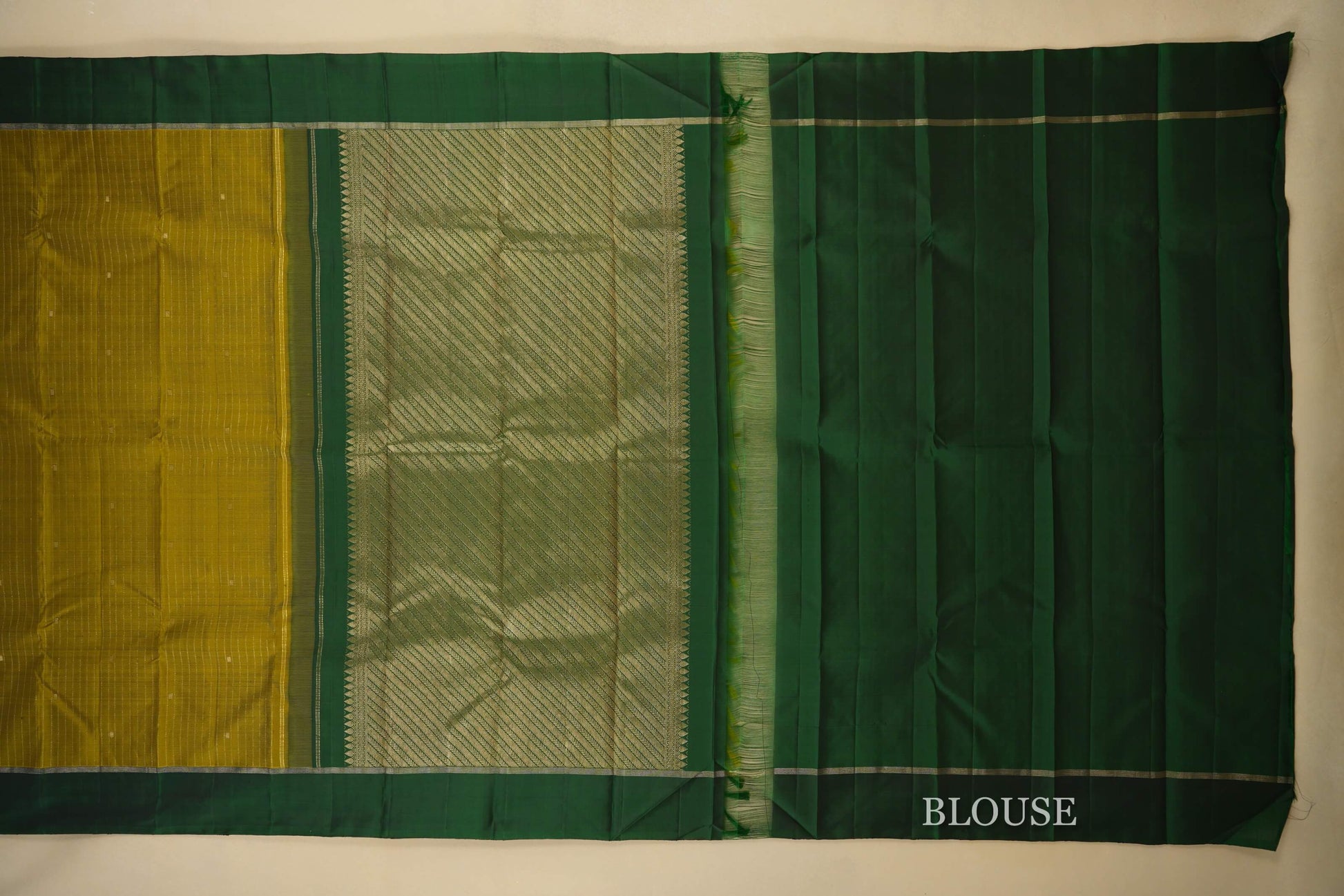Olive Mustard with Bottle Green Borders Vintage Kanjivaram Silk Saree blouse