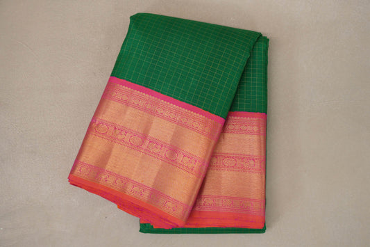 Forest Green with Orangish Pink Borders Vintage Kanjivaram Silk Saree
