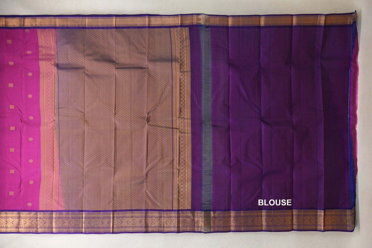 Lightweight Kanchipuram silk saree laid out with a deep magenta body, a gold lattice panel, violet purple blouse fabric and patterned borders.