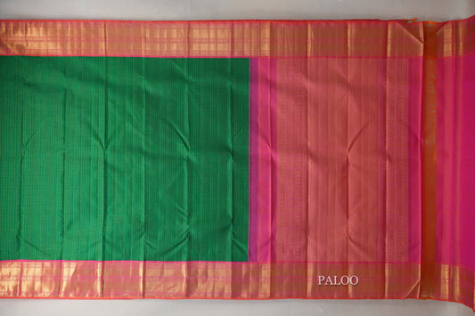 Forest Green with Orangish Pink Borders Vintage Kanjivaram Silk Saree paloo