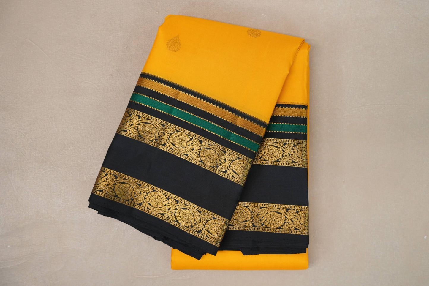 Mango Yellow with Black Rettai Pettu Borders Vintage Kanjivaram Silk Saree