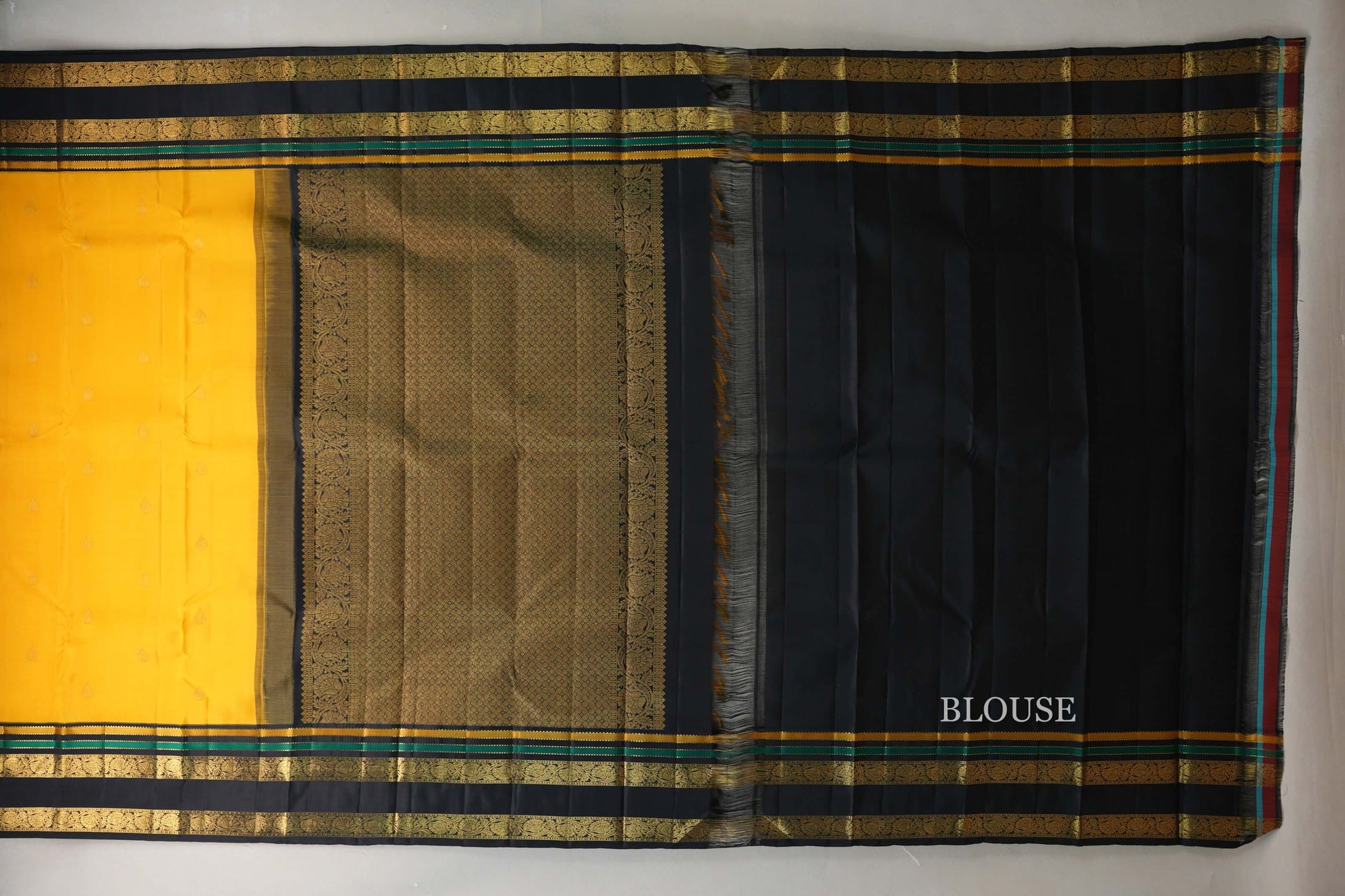 Mango Yellow with Black Rettai Pettu Borders Vintage Kanjivaram Silk Saree blouse