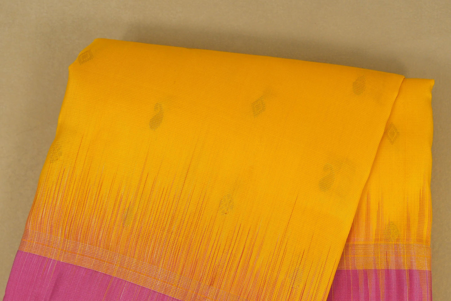 Bright Yellow with Pink Borders Light Weight Kanchipuram Silk Saree body zoom