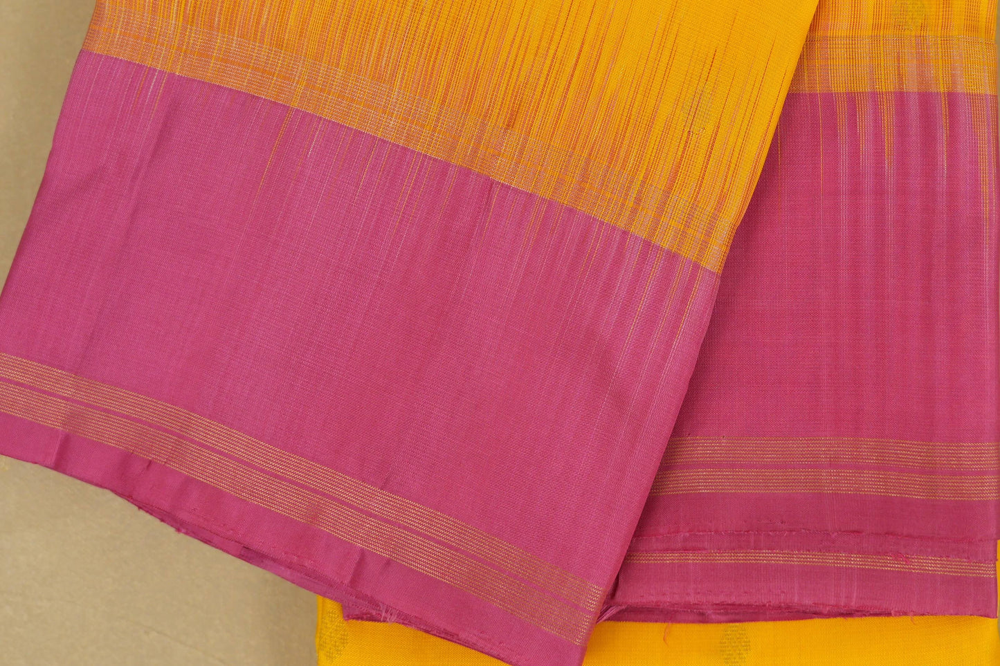 Bright Yellow with Pink Borders Light Weight Kanchipuram Silk Saree border zoom