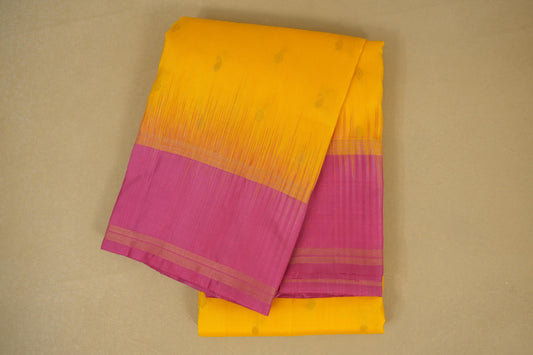 Folded Bright Yellow with Pink Borders Light Weight Kanchipuram Silk Saree