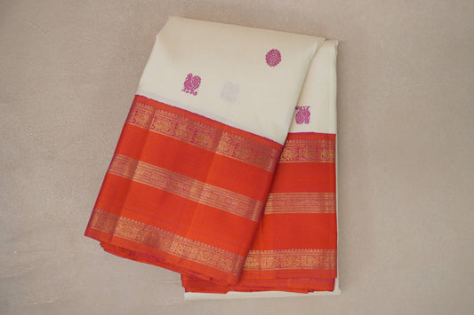 Cream with Pinkish Orange Rettai Pettu Borders Vintage Kanjivaram Silk Saree by Shreenivas Silks PSSR019568