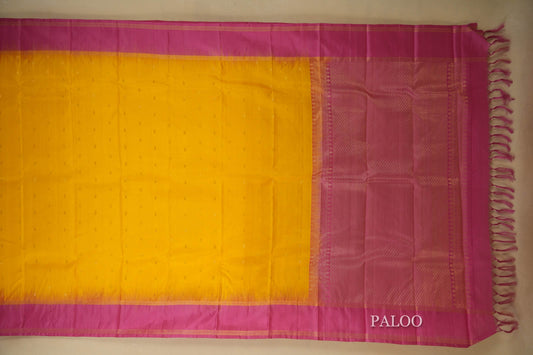 Bright Yellow with Pink Borders Light Weight Kanchipuram Silk Saree paloo