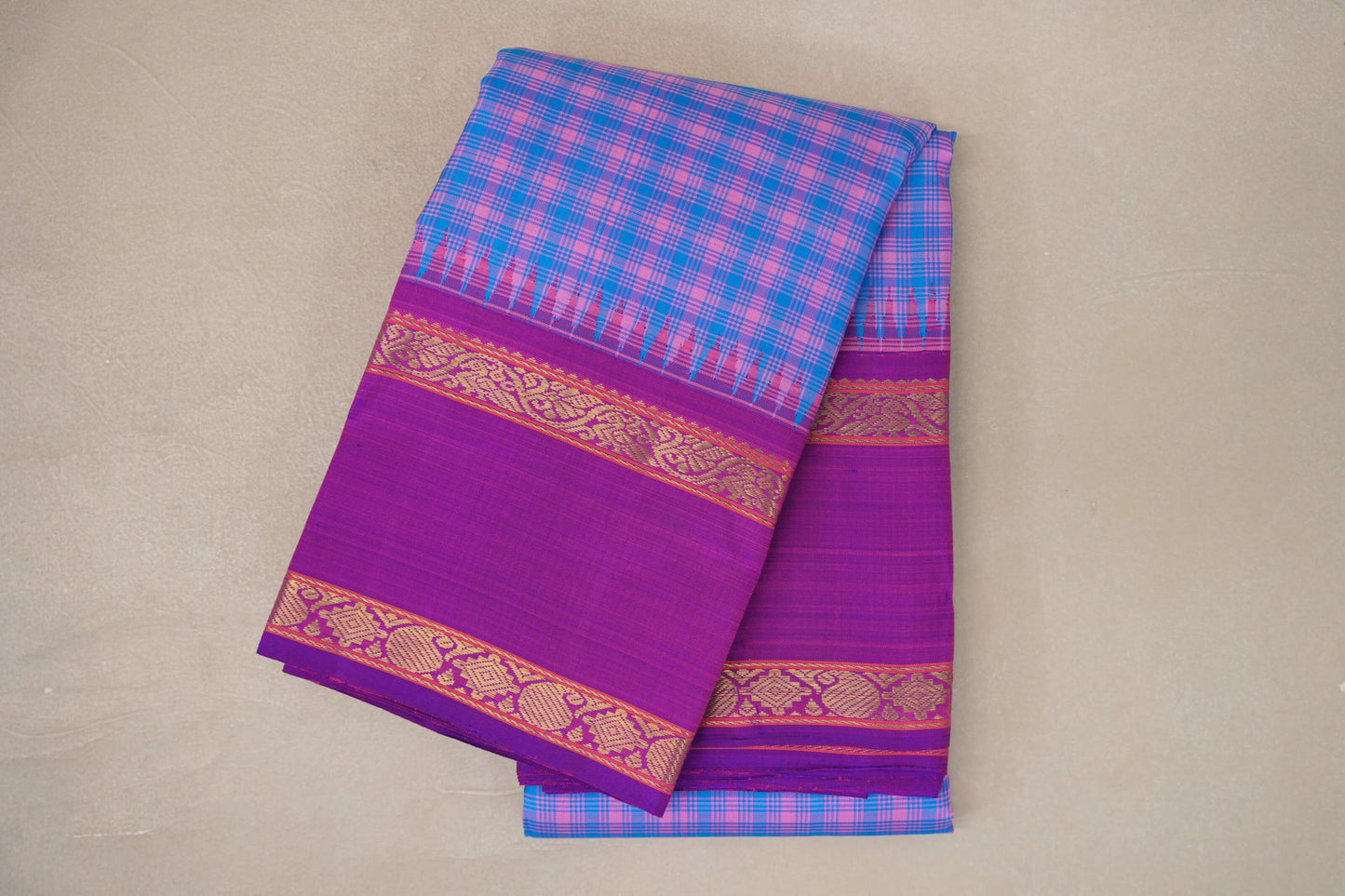 Sky Blue with Pink Checks with Rettai Pettu Borders Vintage Kanjivaram Silk Saree