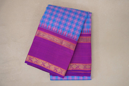 Sky Blue with Pink Checks with Rettai Pettu Borders Vintage Kanjivaram Silk Saree by Shreenivas Silks PSSR019569