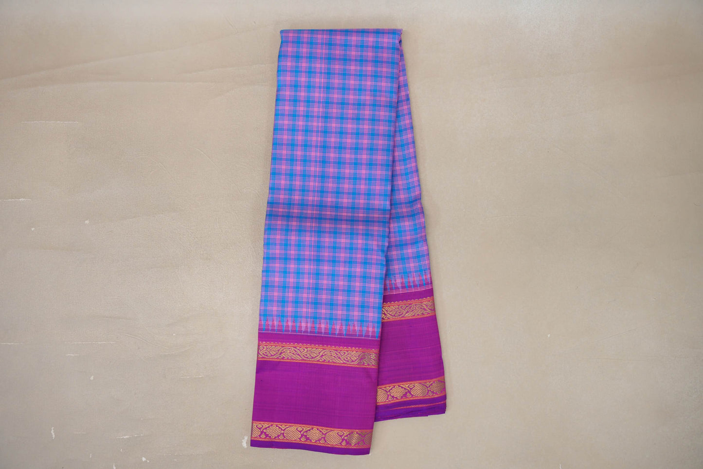 Online Sky Blue with Pink Checks with Rettai Pettu Borders Vintage Kanjivaram Silk Saree