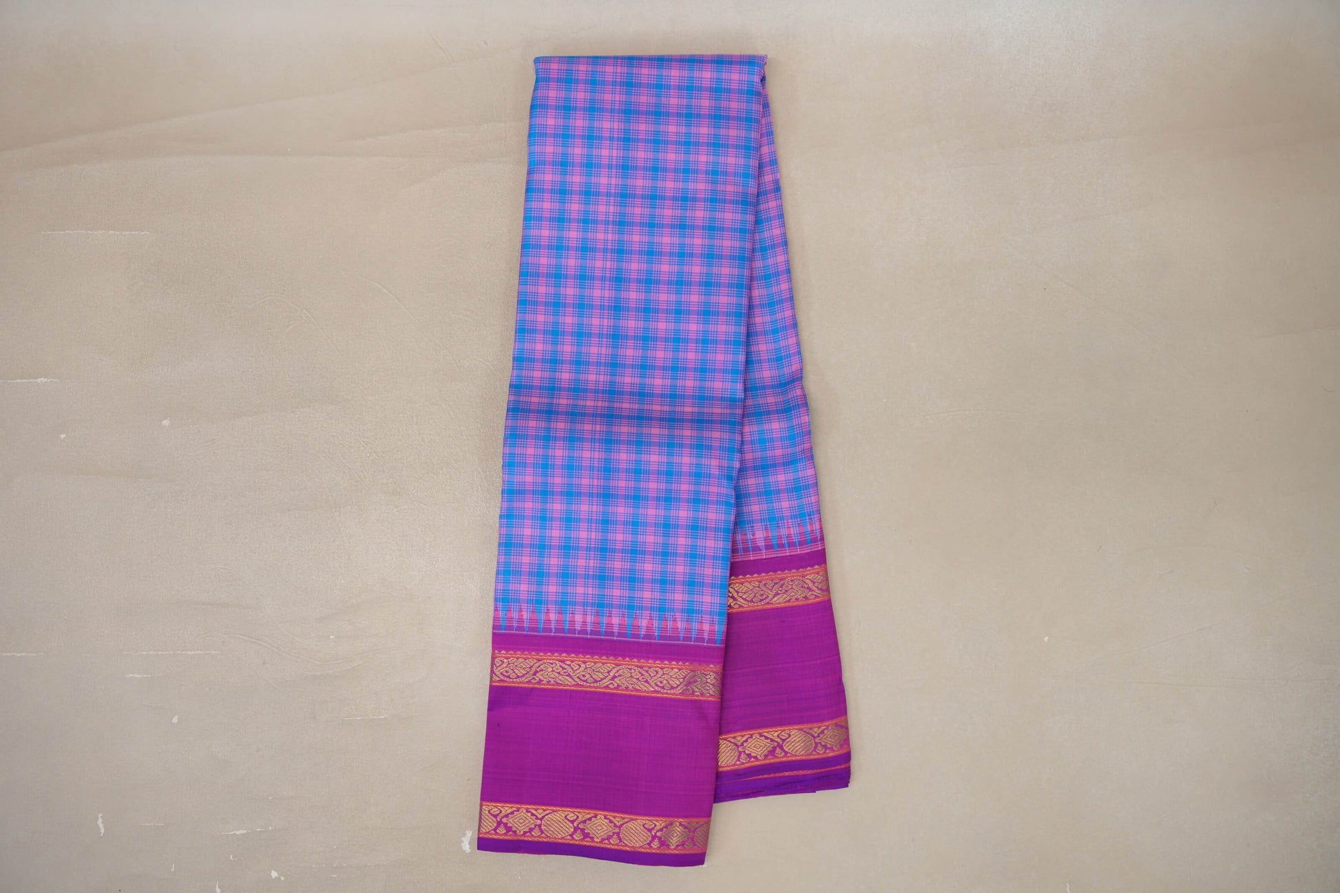 Online Sky Blue with Pink Checks with Rettai Pettu Borders Vintage Kanjivaram Silk Saree