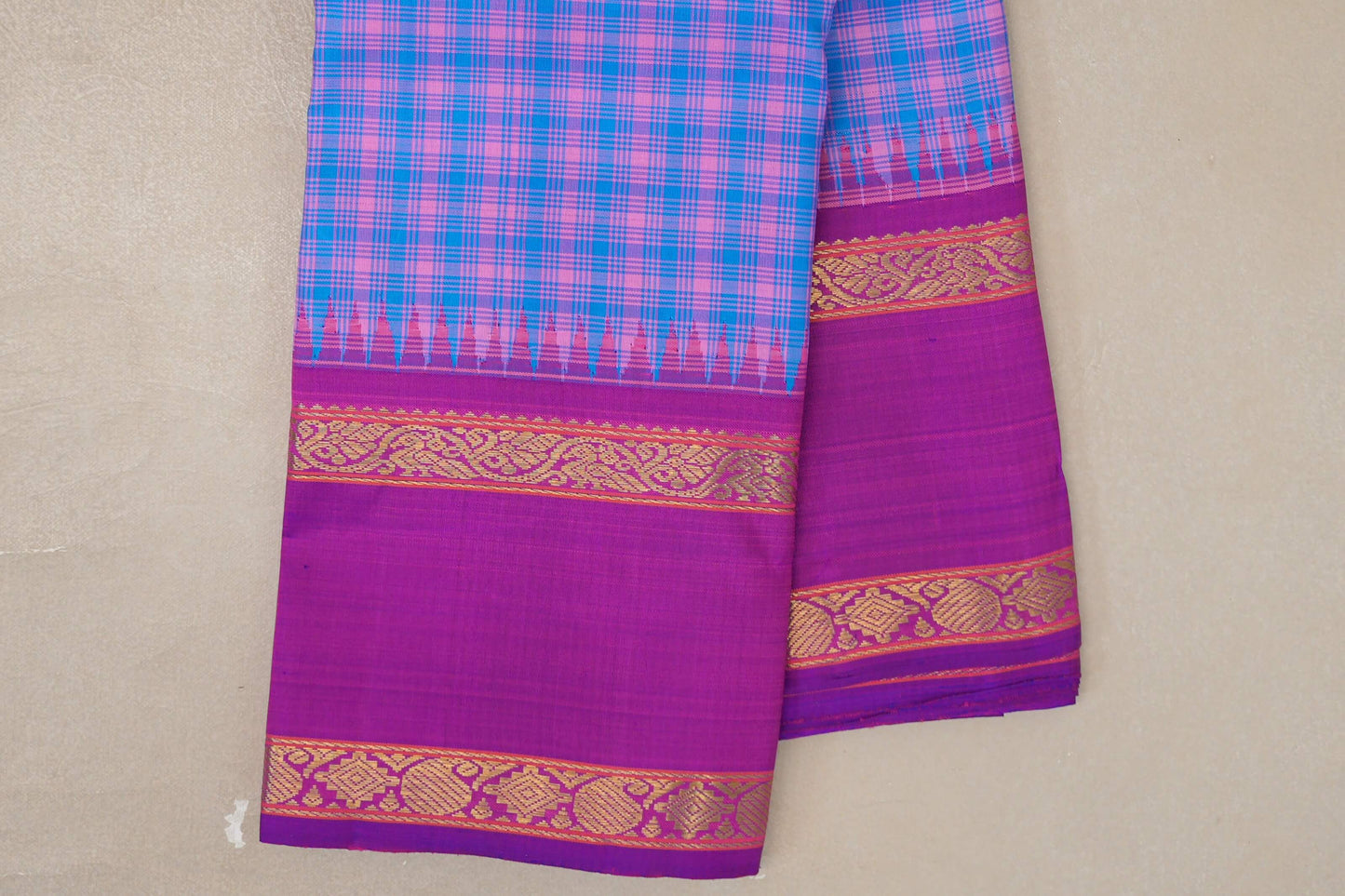Sky Blue Vintage Kanjivaram Silk Saree rettai pettu border