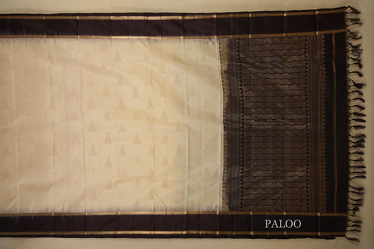 Cream with Dark Coffee Brown Borders Light Weight Kanchipuram Silk Saree paloo