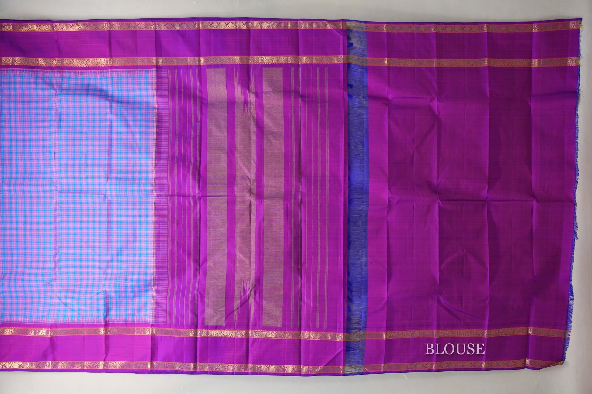 Sky Blue with Pink Checks with Rettai Pettu Borders Vintage Kanjivaram Silk Saree blouse