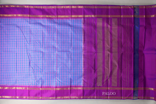 Sky Blue with Pink Checks with Rettai Pettu Borders Vintage Kanjivaram Silk Saree by Shreenivas Silks PSSR019569