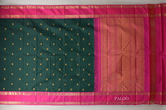 Deep Bottle Green with Orangish Pink Rettai Pettu Borders Vintage Kanjivaram Silk Saree by Shreenivas Silks PSSR019570