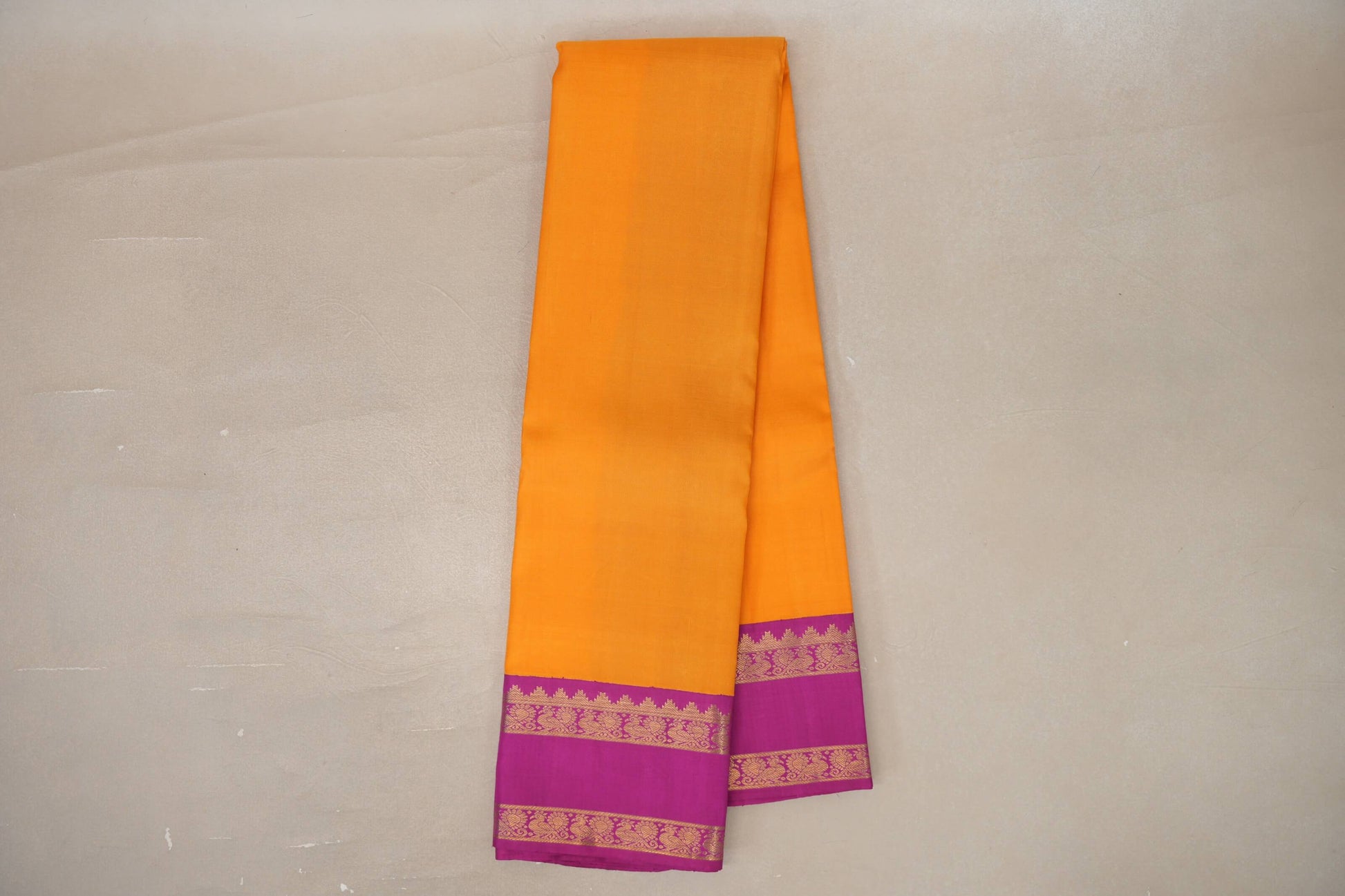 Online Mango Orange with Bright Magenta Rettai Pettu Borders Vintage Kanjivaram Silk Saree
