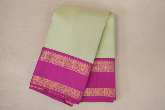 Pastel Pistachio Green with Bright Magenta Rettai Pettu Borders Vintage Kanjivaram Silk Saree by Shreenivas Silks PSSR019572