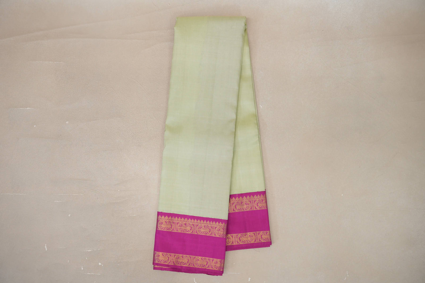 Online Pastel Pistachio Green with Bright Magenta Rettai Pettu Borders Vintage Kanjivaram Silk Saree