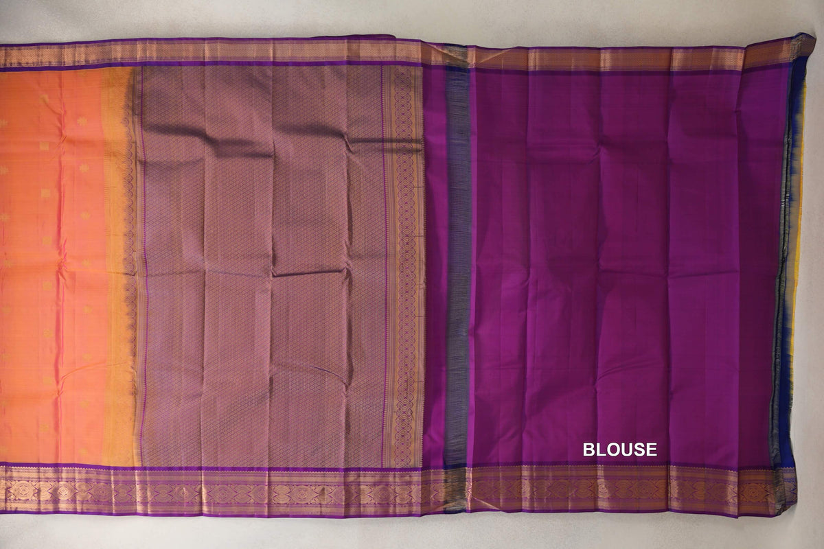 Light Weight Kanchipuram silk saree laid flat, showing a pink and yellow body, patterned violet purple pallu, and plain violet purple blouse fabric.