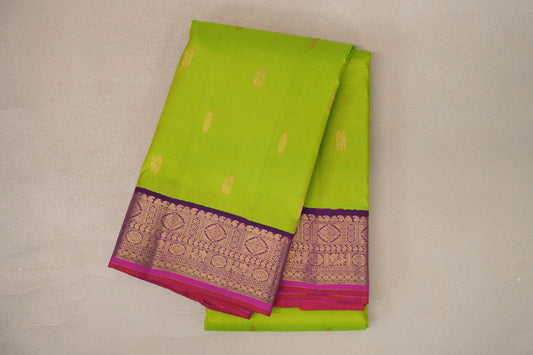 Lime Green with Deep Purple Borders Vintage Kanjivaram Silk Saree by Shreenivas Silks PSSR019575