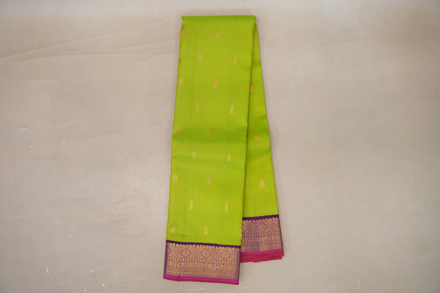 Online Lime Green with Deep Purple Borders Vintage Kanjivaram Silk Saree