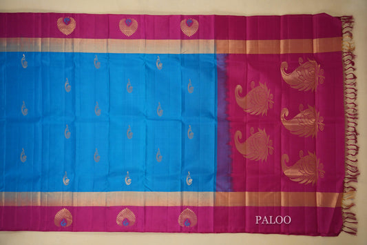 Bright Blue Light Weight Kanchipuram Silk Saree paloo