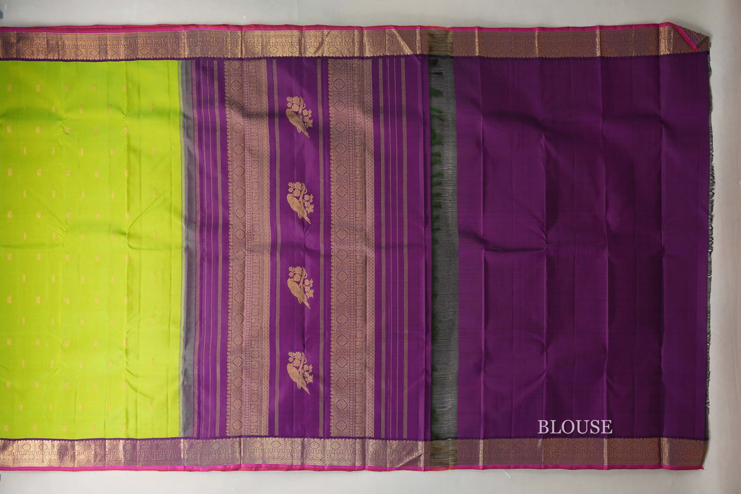 Lime Green with Deep Purple Borders Vintage Kanjivaram Silk Saree blouse