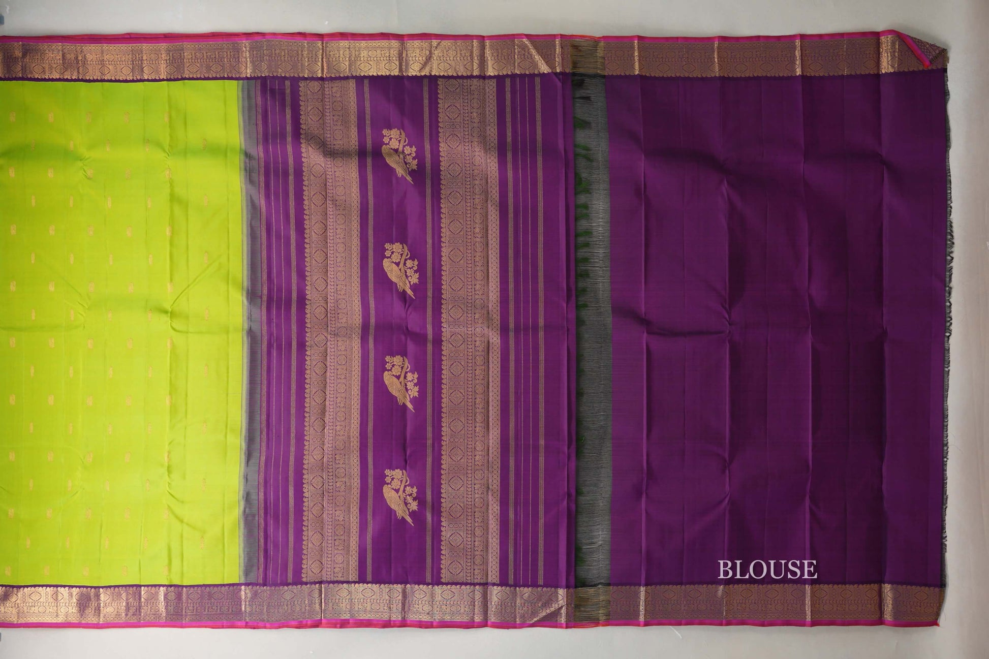 Lime Green with Deep Purple Borders Vintage Kanjivaram Silk Saree blouse