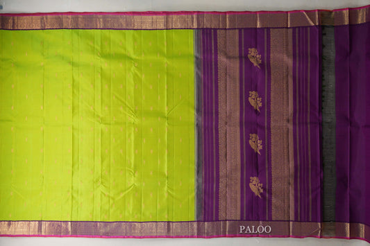 Lime Green with Deep Purple Borders Vintage Kanjivaram Silk Saree by Shreenivas Silks PSSR019575
