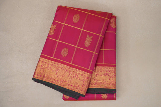 Reddish Pink with Zari Checks Vintage Kanjivaram Silk Saree by Shreenivas Silks PSSR019576