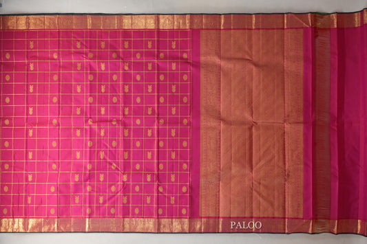 Reddish Pink with Zari Checks Vintage Kanjivaram Silk Saree by Shreenivas Silks PSSR019576
