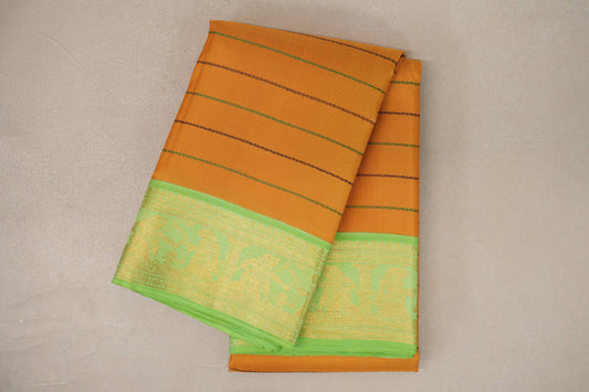 Mango Yellow with Pastel Green Borders Vintage Kanjivaram Silk Saree by Shreenivas Silks PSSR019577