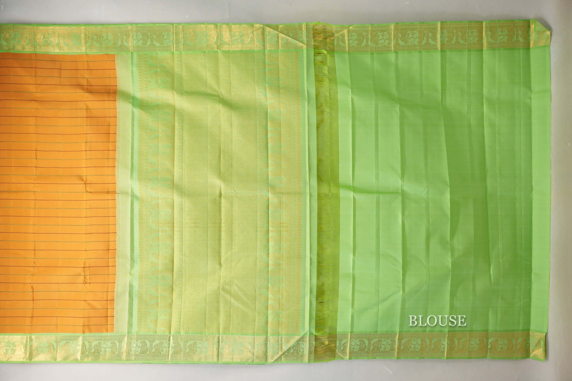 Mango Yellow with Pastel Green Borders Vintage Kanjivaram Silk Saree blouse
