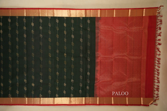 Bottle Green with Red Borders Light Weight Kanchipuram Silk Saree paloo