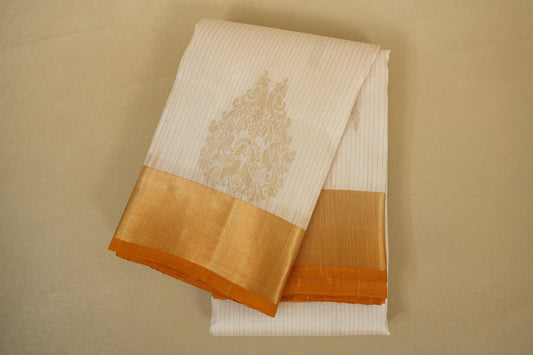 Folded Cream with Orange Borders Light Weight Kanchipuram Silk Saree