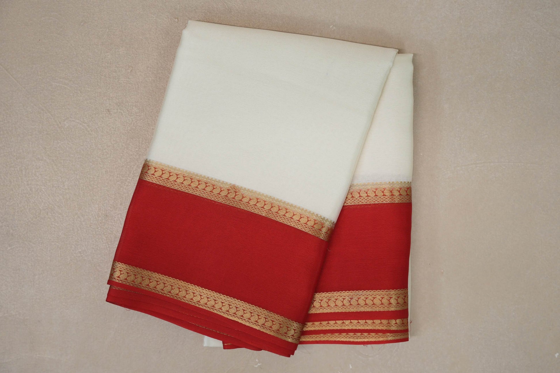 Cream with Bright Red Borders Mysore Silk Saree